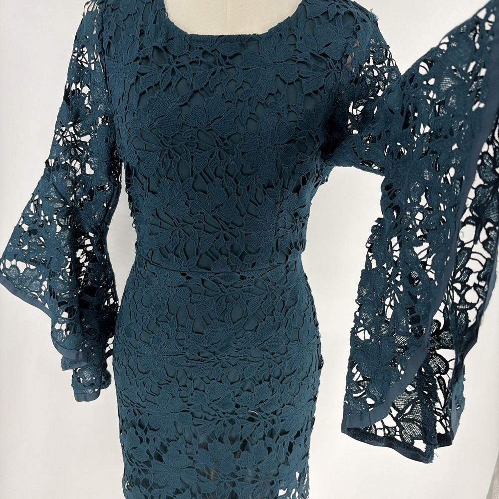 She + Sky Women's Teal Floral Lace Sheath Bell Sleeve Whimsygoth Boho Drama